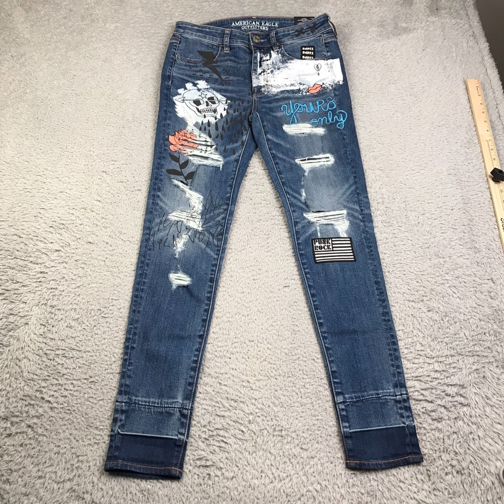 American Eagle Jegging Jeans Womens 6R Distressed Punk Patch Painted NEW NWT